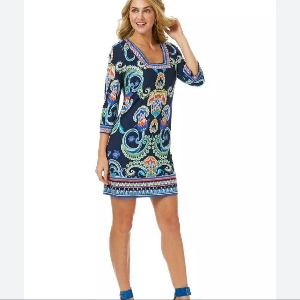Laundry by Shelli Segal LA navy & colorful scroll tropical print 12